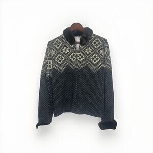 Talbots Collection Vintage Wool Fair Isle Zip Up Sweater Faux Fur Trim Stain